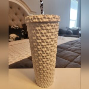 Textured White Tumbler with Straw